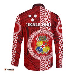 Tonga Rugby Long Sleeve Button Shirt World Cup 2023 Coat Of Arms Ngatu Pattern