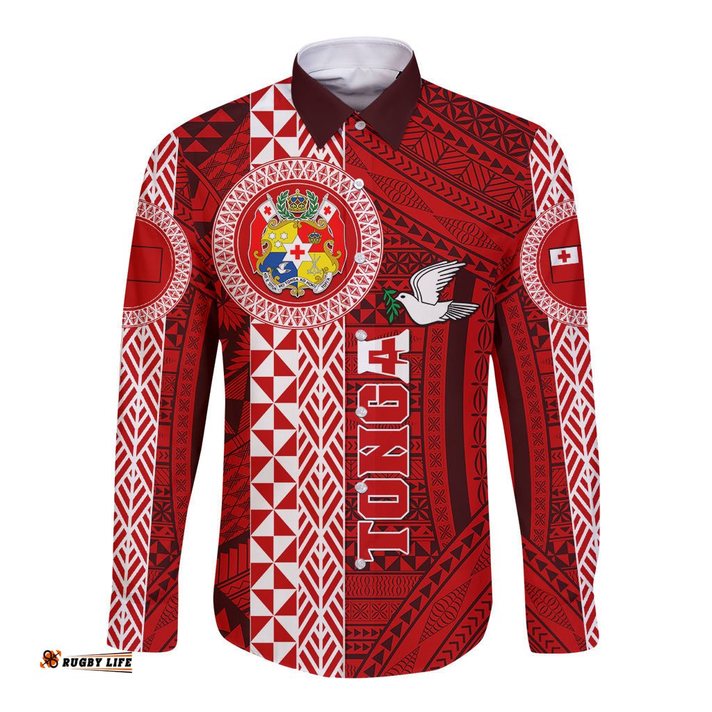 Tonga Rugby Long Sleeve Button Shirt World Cup 2023 Coat Of Arms Ngatu Pattern