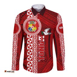 Tonga Rugby Long Sleeve Button Shirt World Cup 2023 Coat Of Arms Ngatu Pattern
