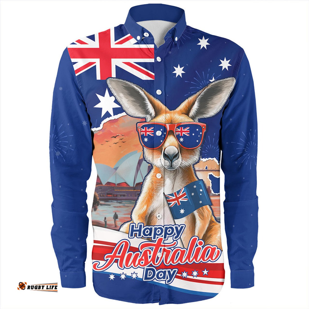 Australia Long Sleeve Button Shirt Happy Australia Day Kangaroo With Sydney Opera House At Sunset