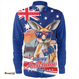 Australia Long Sleeve Button Shirt Happy Australia Day Kangaroo With Sydney Opera House At Sunset