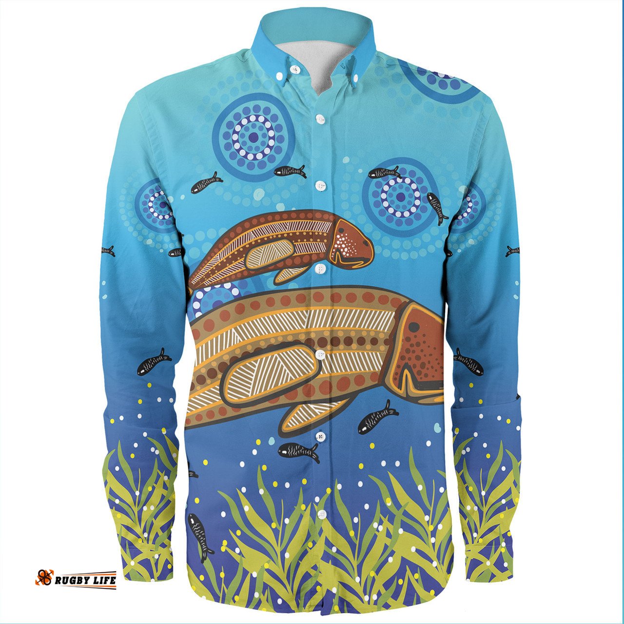 Australia Aboriginal Long Sleeve Button Shirts - Mother And Baby Dugong Aboriginal Art Inspired Long Sleeve Button Shirts