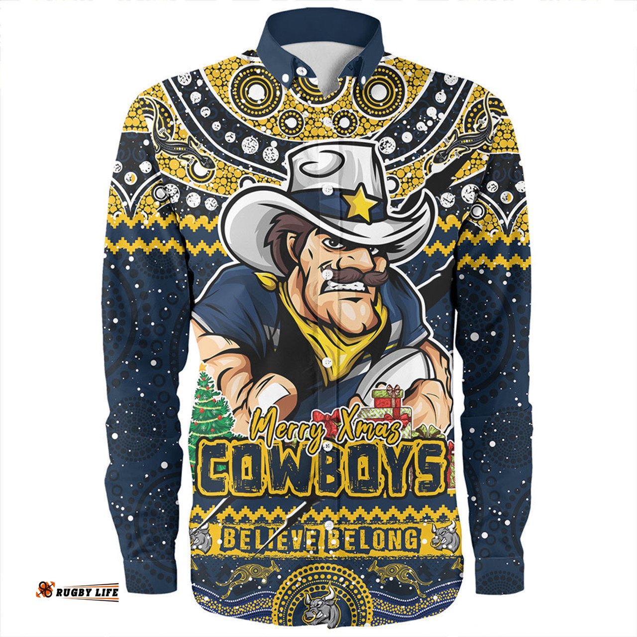 North Queensland Cowboys Long Sleeve Button Shirt Aboriginal Xmas Special Ugly Christmas Style