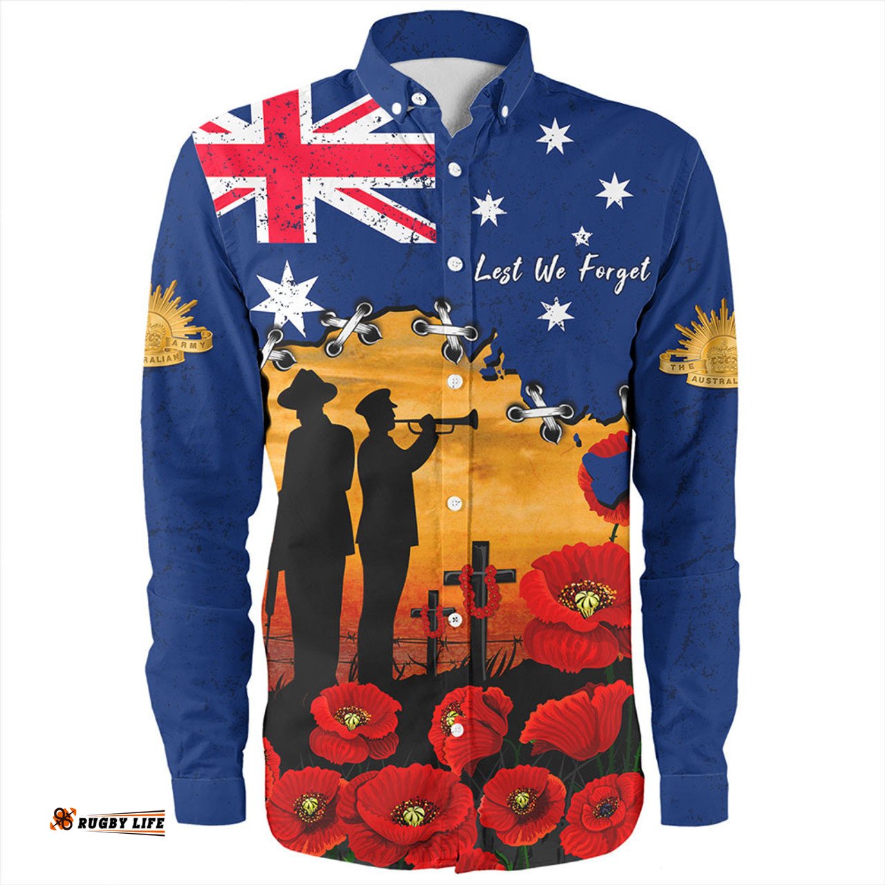Australia Long Sleeve Button Shirt Remembrance Day Fields Of Poppies Honoring The Fallen