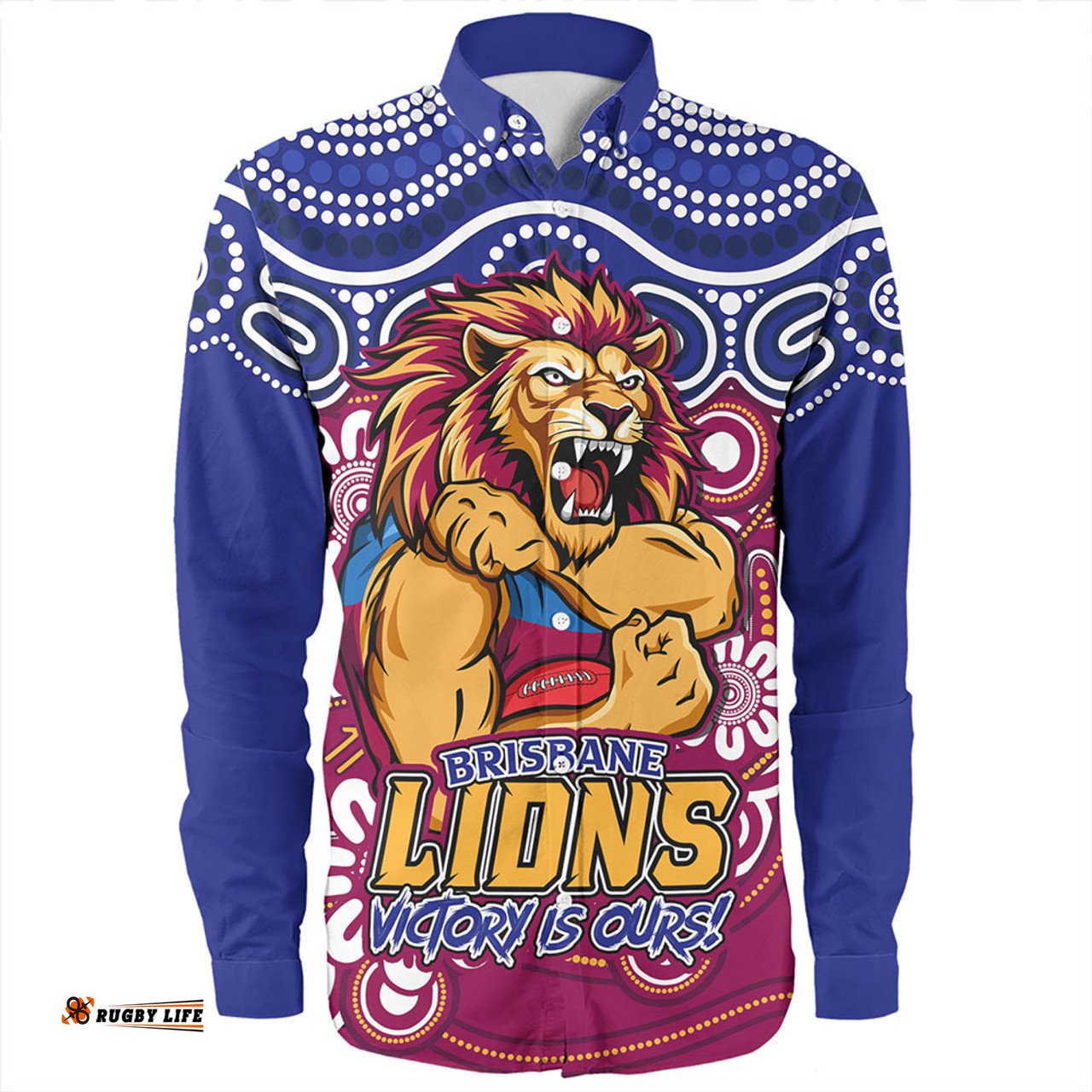 Brisbane Lions Long Sleeve Button Shirt Aboriginal Inspired Tough Fan Football For Life