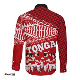 Tonga Rugby Long Sleeve Button Shirt Sipi Tau Dance Ngatu Pattern