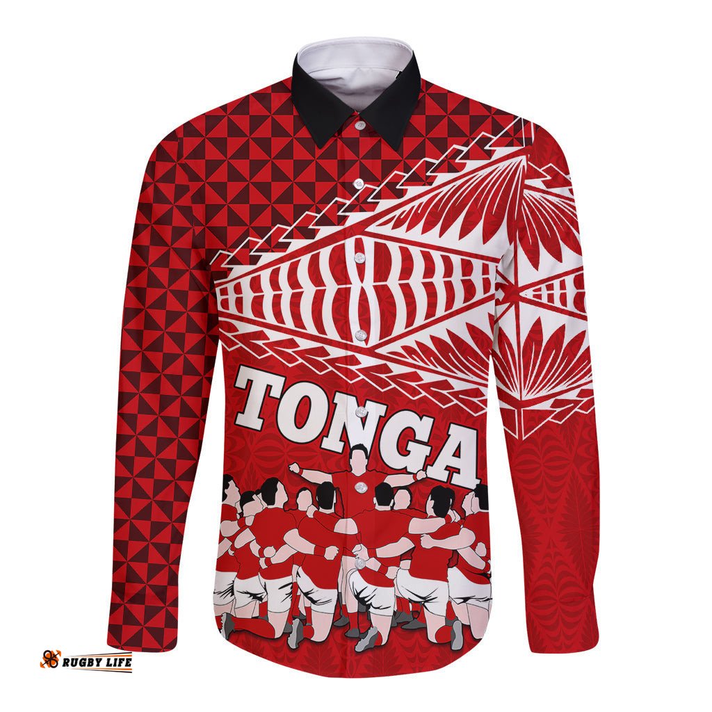 Tonga Rugby Long Sleeve Button Shirt Sipi Tau Dance Ngatu Pattern