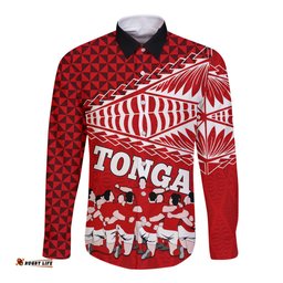 Tonga Rugby Long Sleeve Button Shirt Sipi Tau Dance Ngatu Pattern