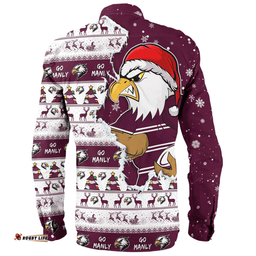 Manly Warringah Sea Eagles Long Sleeve Button Shirt Merry Ugly Christmas Our Beloved Team Scratch Style