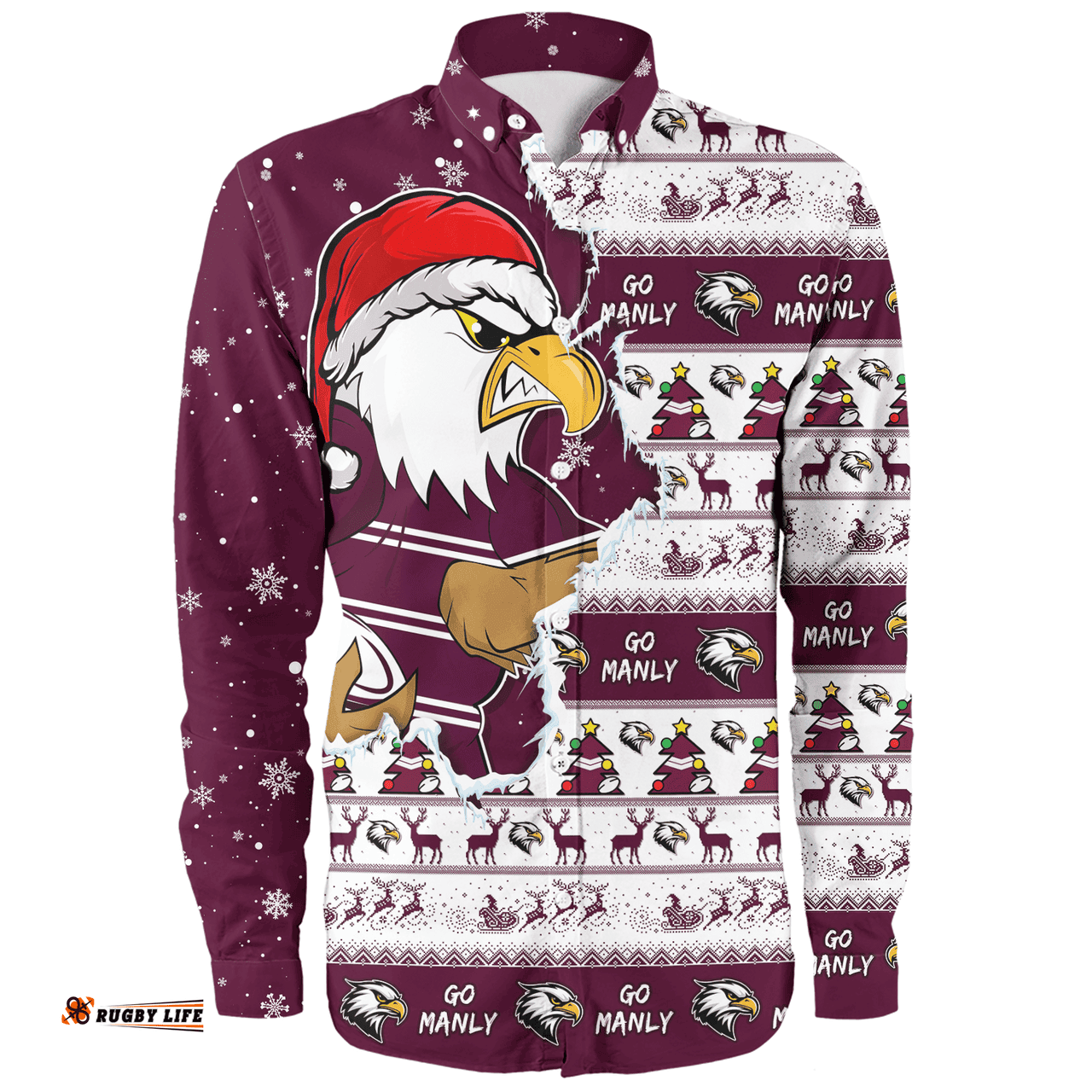 Manly Warringah Sea Eagles Long Sleeve Button Shirt Merry Ugly Christmas Our Beloved Team Scratch Style