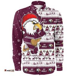 Manly Warringah Sea Eagles Long Sleeve Button Shirt Merry Ugly Christmas Our Beloved Team Scratch Style