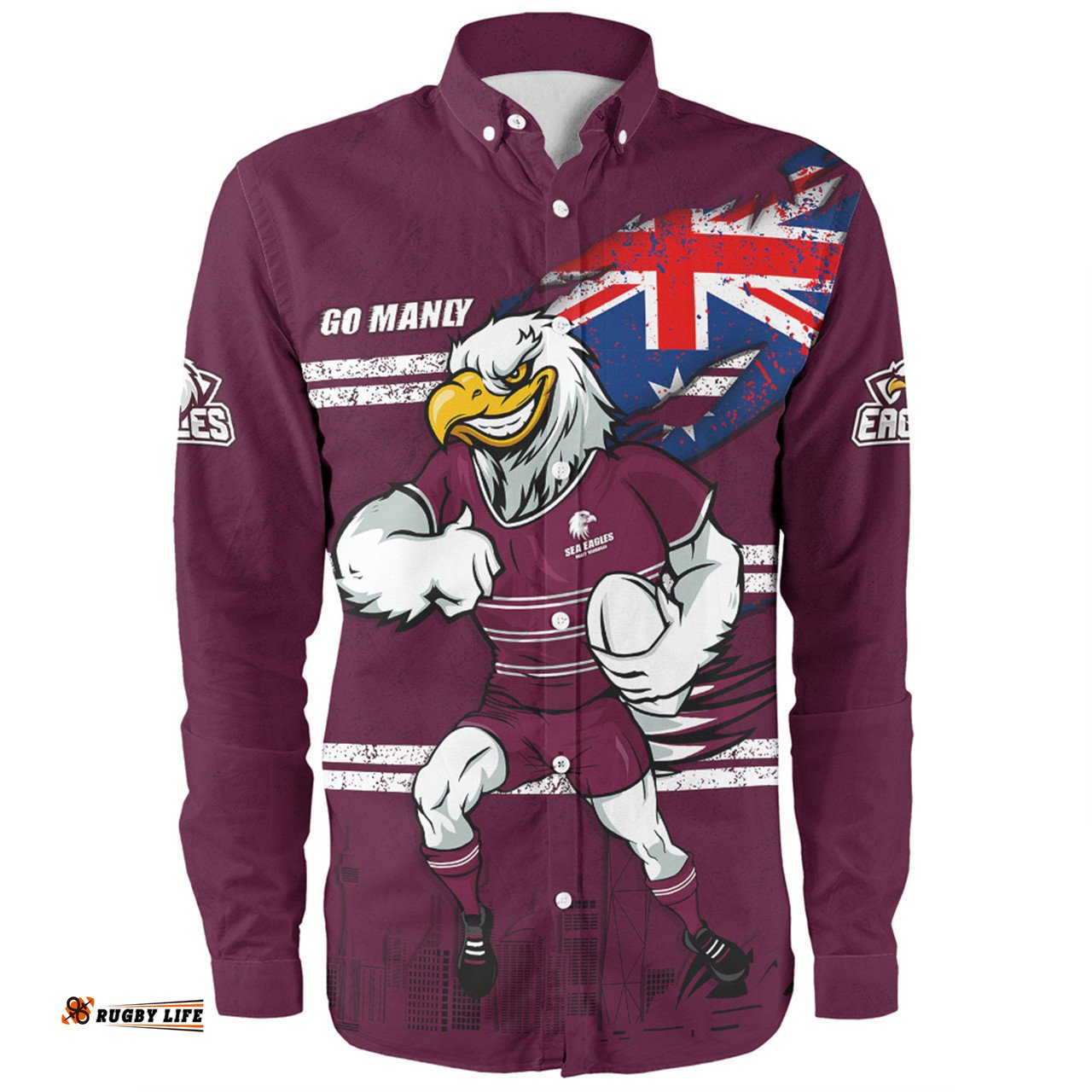 Manly Warringah Sea Eagles Long Sleeve Button Shirt Custom For Die Hard Fan Australia Flag Scratch Style