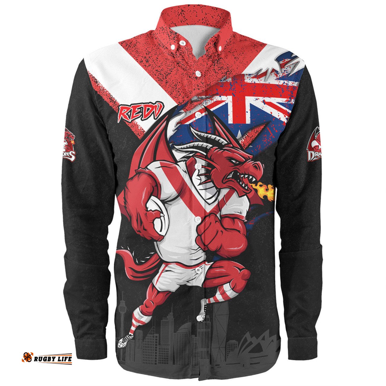 St. George Illawarra Dragons Long Sleeve Button Shirt Custom For Die Hard Fan Australia Flag Scratch Style