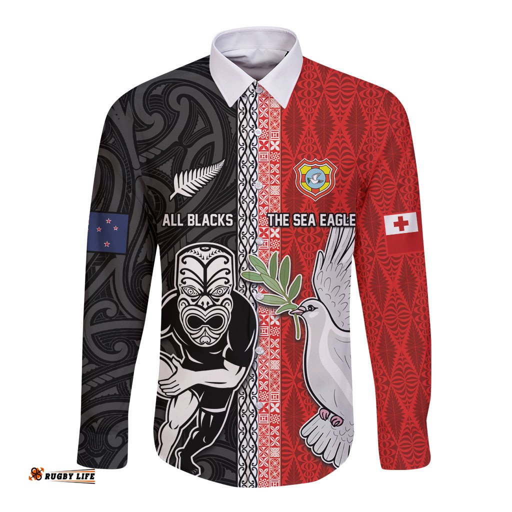 Custom Tonga and New Zealand Rugby Long Sleeve Button Shirt Maori Mix Ngatu Pattern