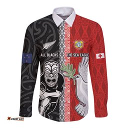 Custom Tonga and New Zealand Rugby Long Sleeve Button Shirt Maori Mix Ngatu Pattern