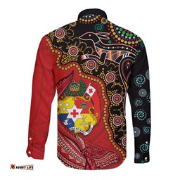 Tonga Ngatu and Australia Together Long Sleeve Button Shirt Polynesian Humpback Whale and Aboriginal Kangaroo