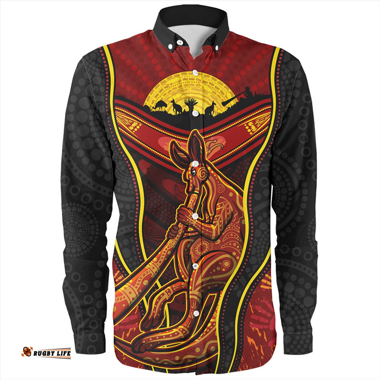 Australia Long Sleeve Button Shirt Aboriginal Kangaroo Spirit Dreaming