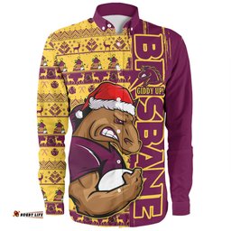 Brisbane Broncos Long Sleeve Button Shirt Merry Ugly Xmas Nordic Pattern Style