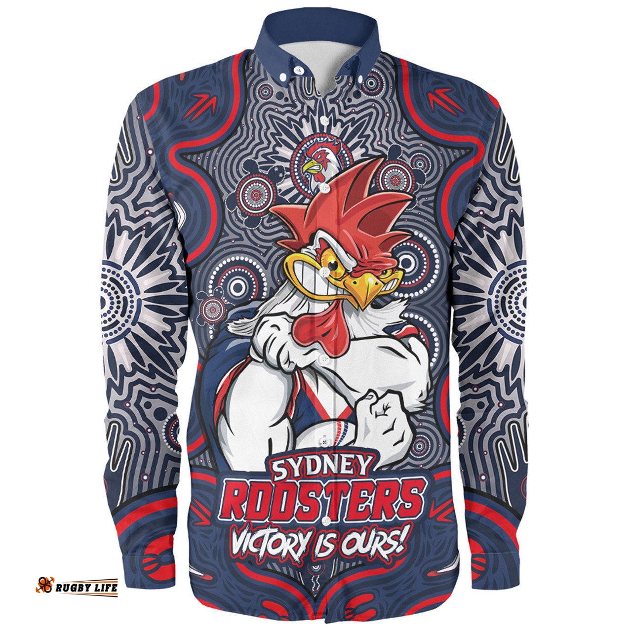 Sydney Roosters Long Sleeve Button Shirt Aboriginal Pattern Inspired Victory Is Ours