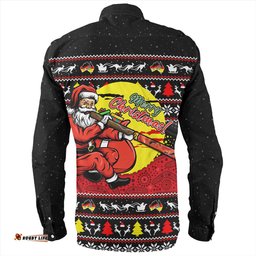 Australia Long Sleeve Button Shirt Aboriginal Didgeridoo Santa Christmas