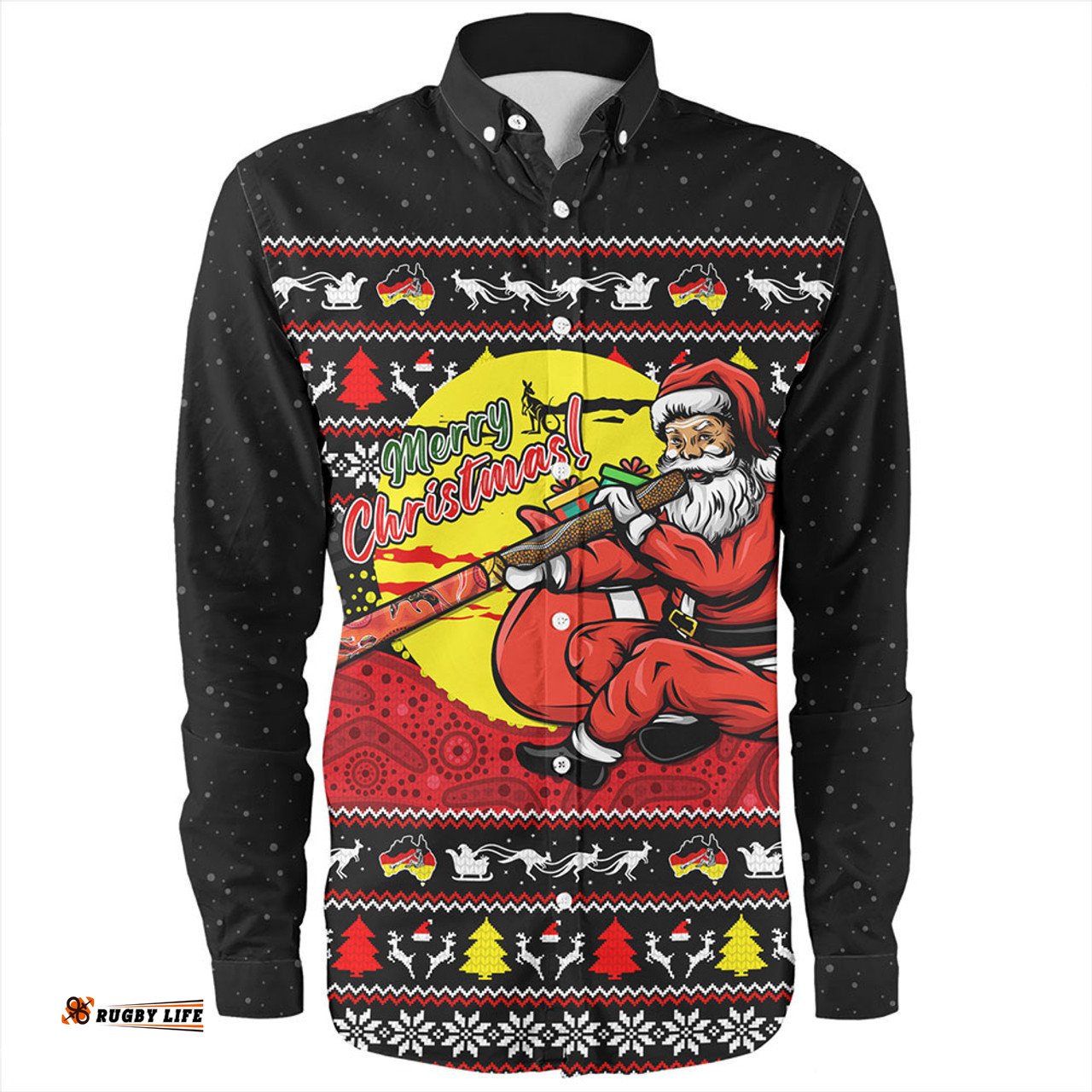 Australia Long Sleeve Button Shirt Aboriginal Didgeridoo Santa Christmas