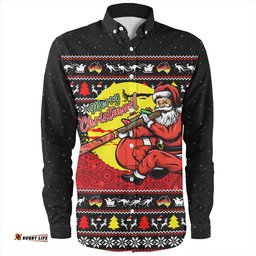 Australia Long Sleeve Button Shirt Aboriginal Didgeridoo Santa Christmas