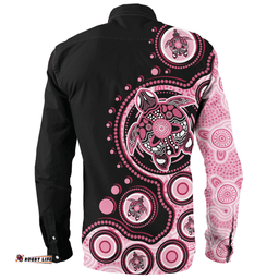 Australia Long Sleeve Button Shirt Indigenous Turtle Aboriginal Dot Art
