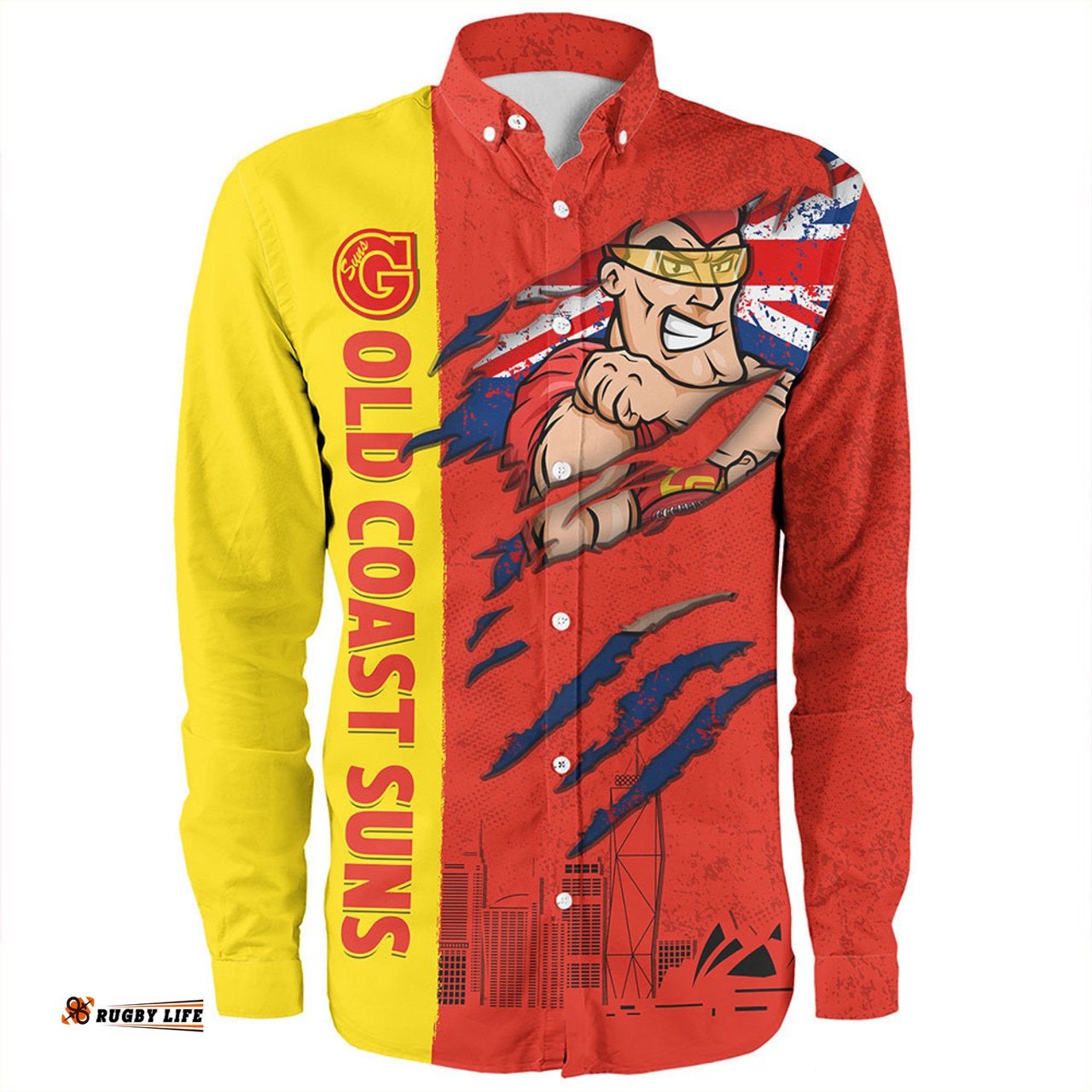 Gold Coast SUNS Long Sleeve Button Shirt Burning Passion Of Power Scratch Style