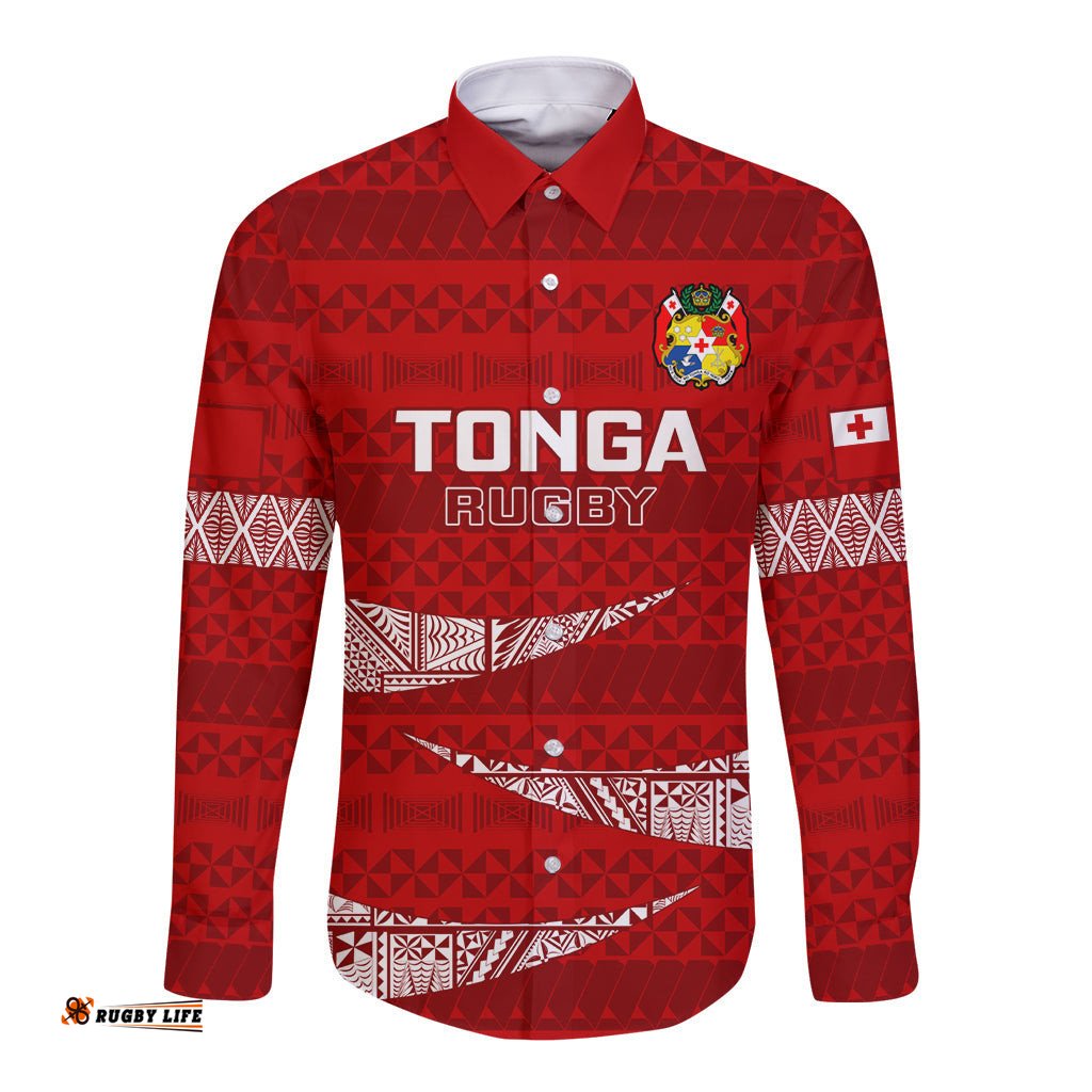 Tonga Rugby Long Sleeve Button Shirt 2023 Ikale Tahi Tongan Ngatu Pattern