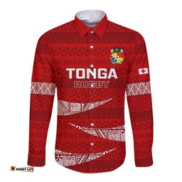 Tonga Rugby Long Sleeve Button Shirt 2023 Ikale Tahi Tongan Ngatu Pattern