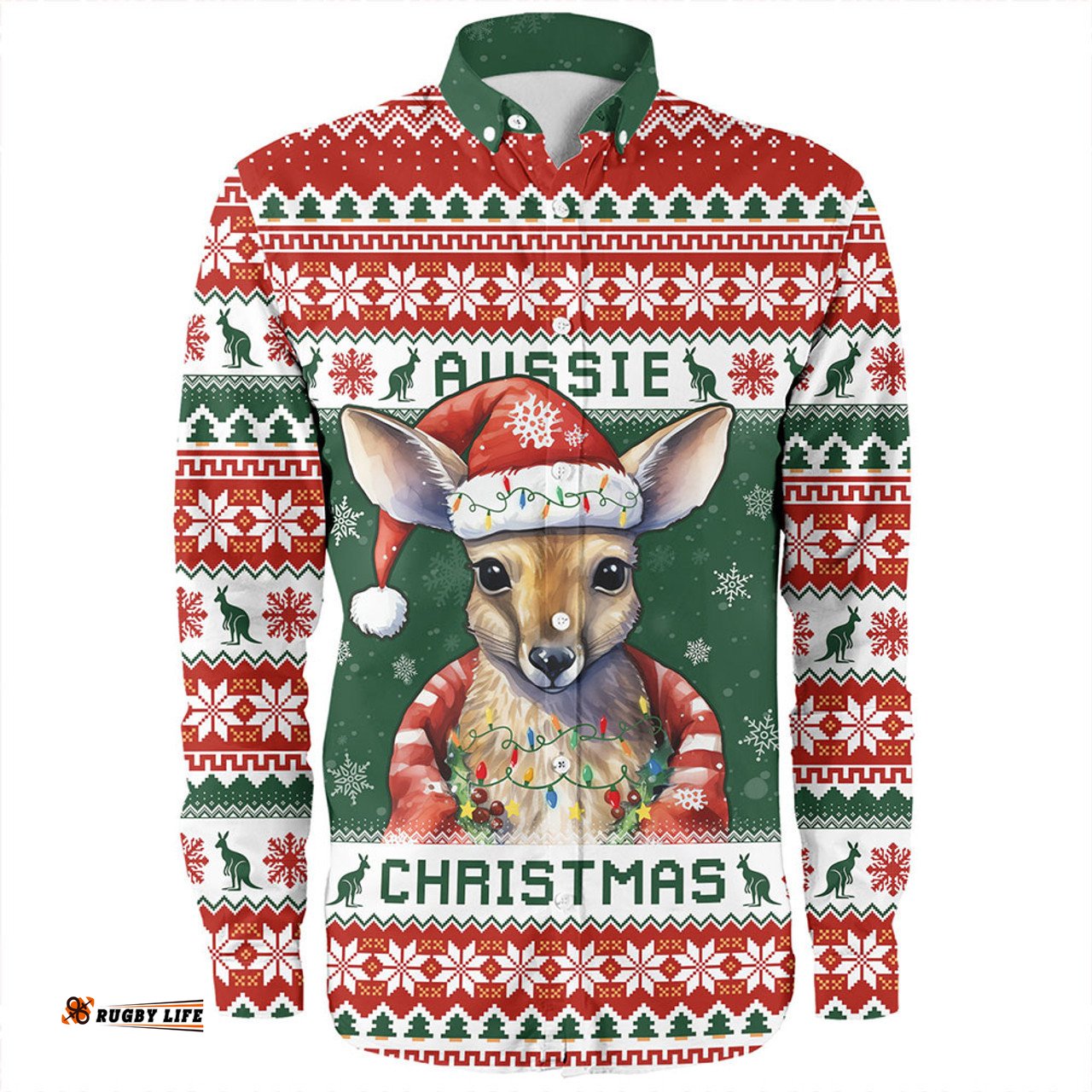Australia Long Sleeve Button Shirt Merry Christmas Spirit Kangaroo Edition