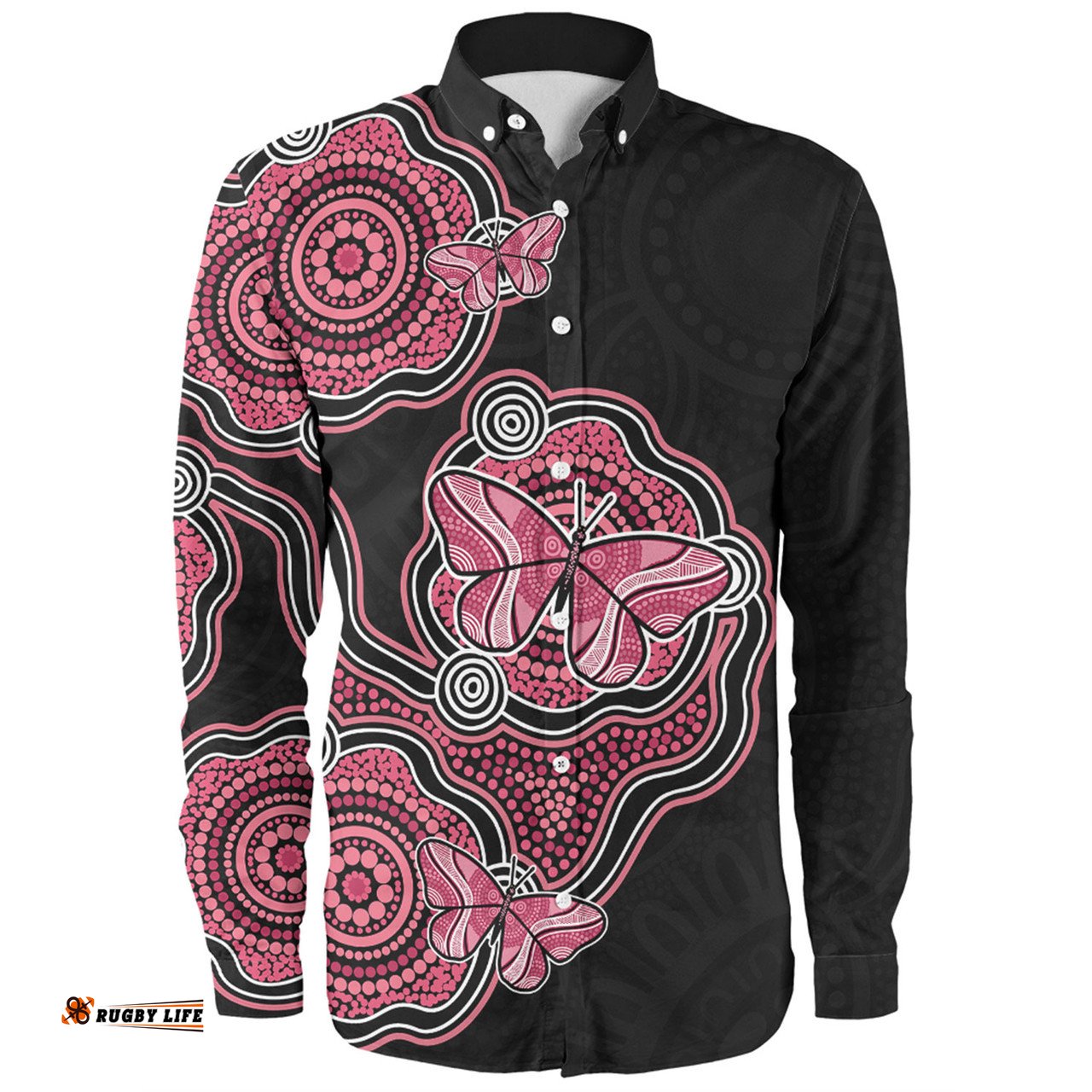 Australia Long Sleeve Button Shirt Aboriginal Butterfly Dot Art Inspired
