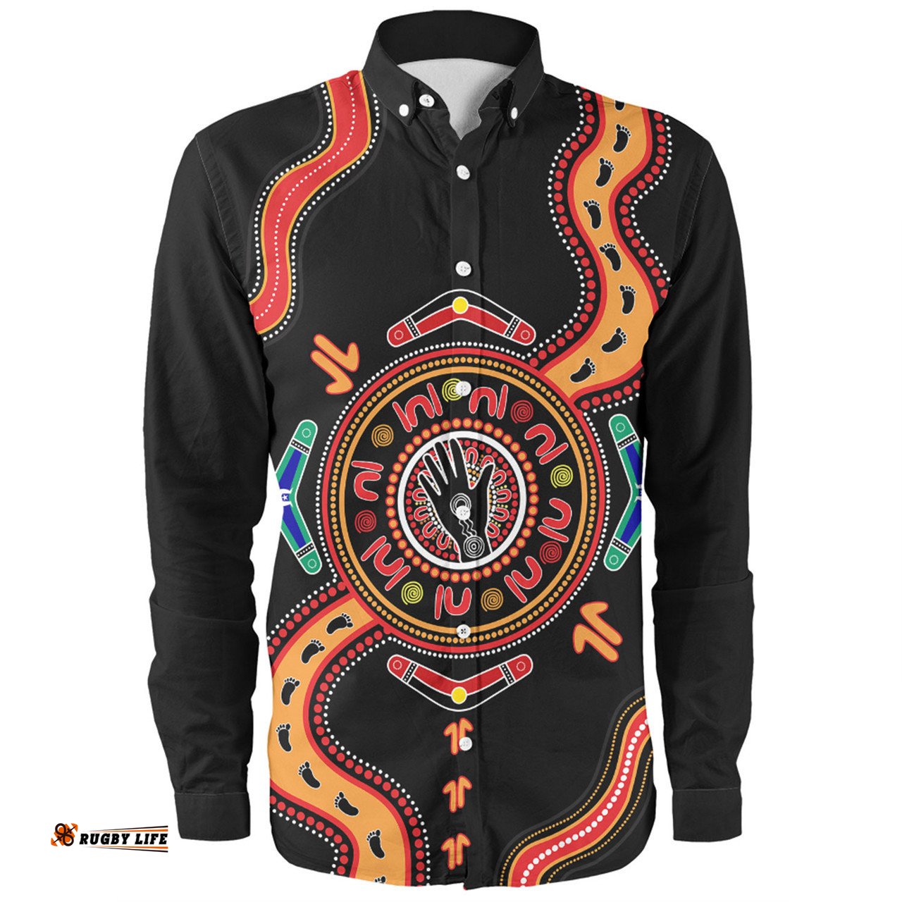 Australia Long Sleeve Button Shirt Aboriginal Inspired Meeting Place Style Of Dot Painting
