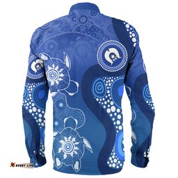 Australia Turtles Aboriginal Long Sleeve Button Shirt - Indigenous Dot Turtles In The Ocean (Blue) Long Sleeve Button Shirt
