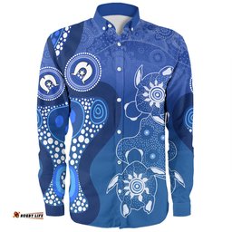 Australia Turtles Aboriginal Long Sleeve Button Shirt - Indigenous Dot Turtles In The Ocean (Blue) Long Sleeve Button Shirt