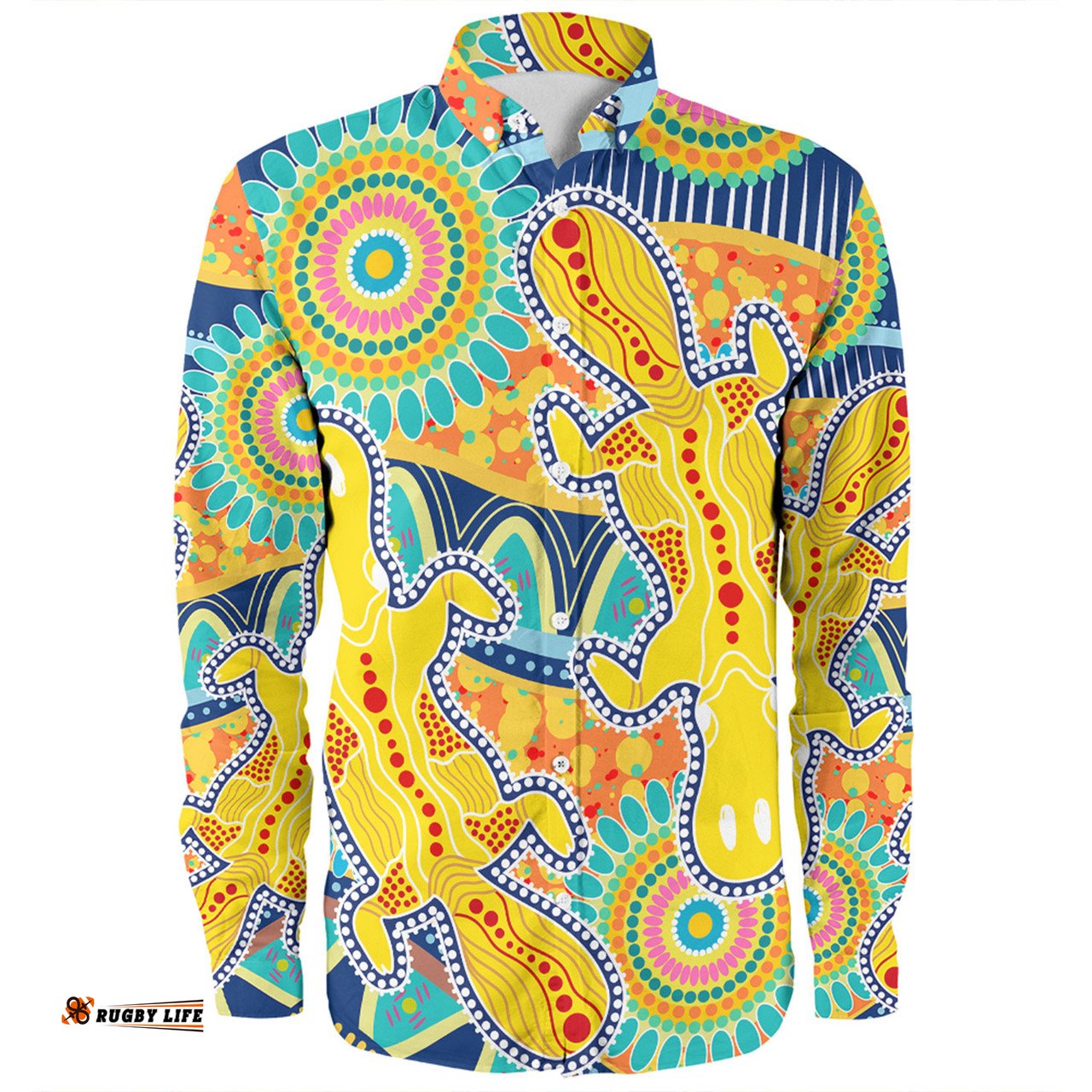 Australia Platypus Aboriginal Long Sleeve Button Shirt - Yellow Platypus With Aboriginal Art Dot Painting Patterns Inspired Long Sleeve Button Shirt