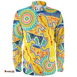 Australia Platypus Aboriginal Long Sleeve Button Shirt - Yellow Platypus With Aboriginal Art Dot Painting Patterns Inspired Long Sleeve Button Shirt