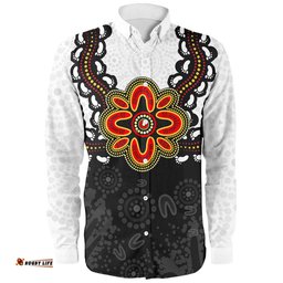 Australia Long Sleeve Button Shirt Aboriginal Inspired Symbol Pattern White