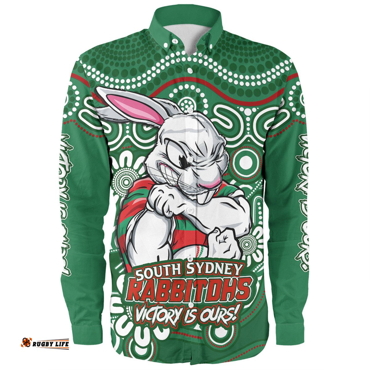 South Sydney Rabbitohs Long Sleeve Button Shirt Aboriginal Inspired Tough Fan Rugby For Life
