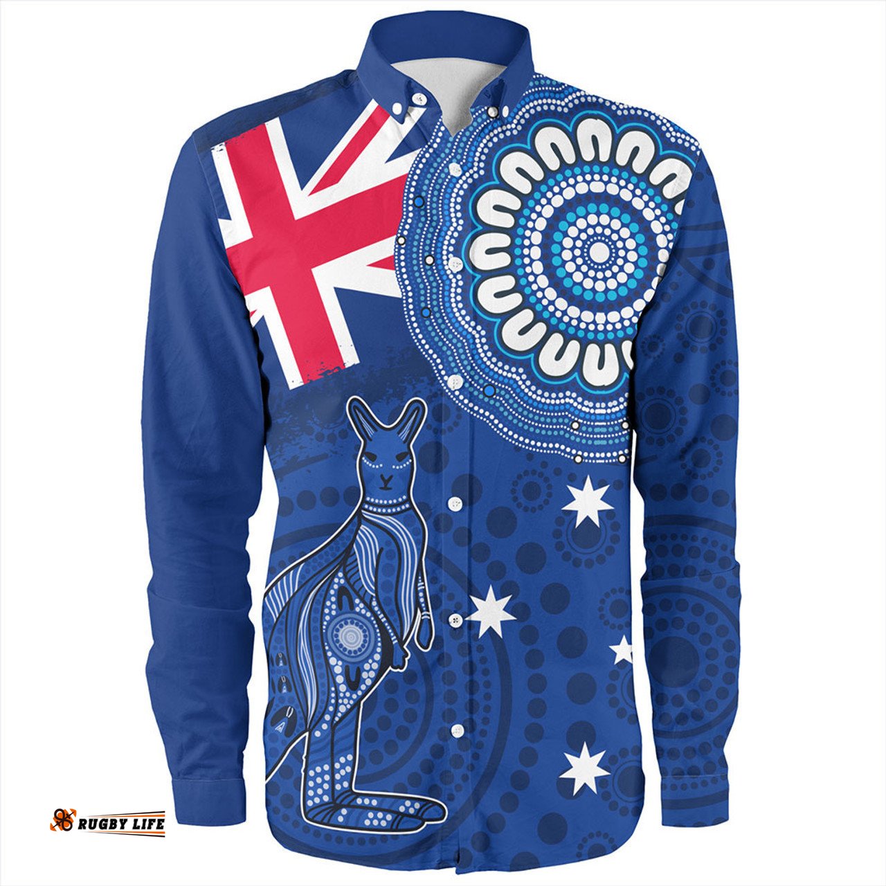 Australia Long Sleeve Button Shirt Flag With Kangaroo Aboriginal