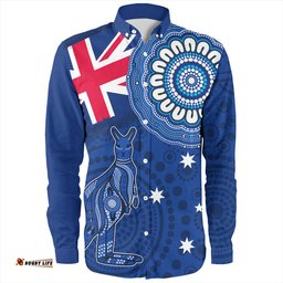 Australia Long Sleeve Button Shirt Flag With Kangaroo Aboriginal