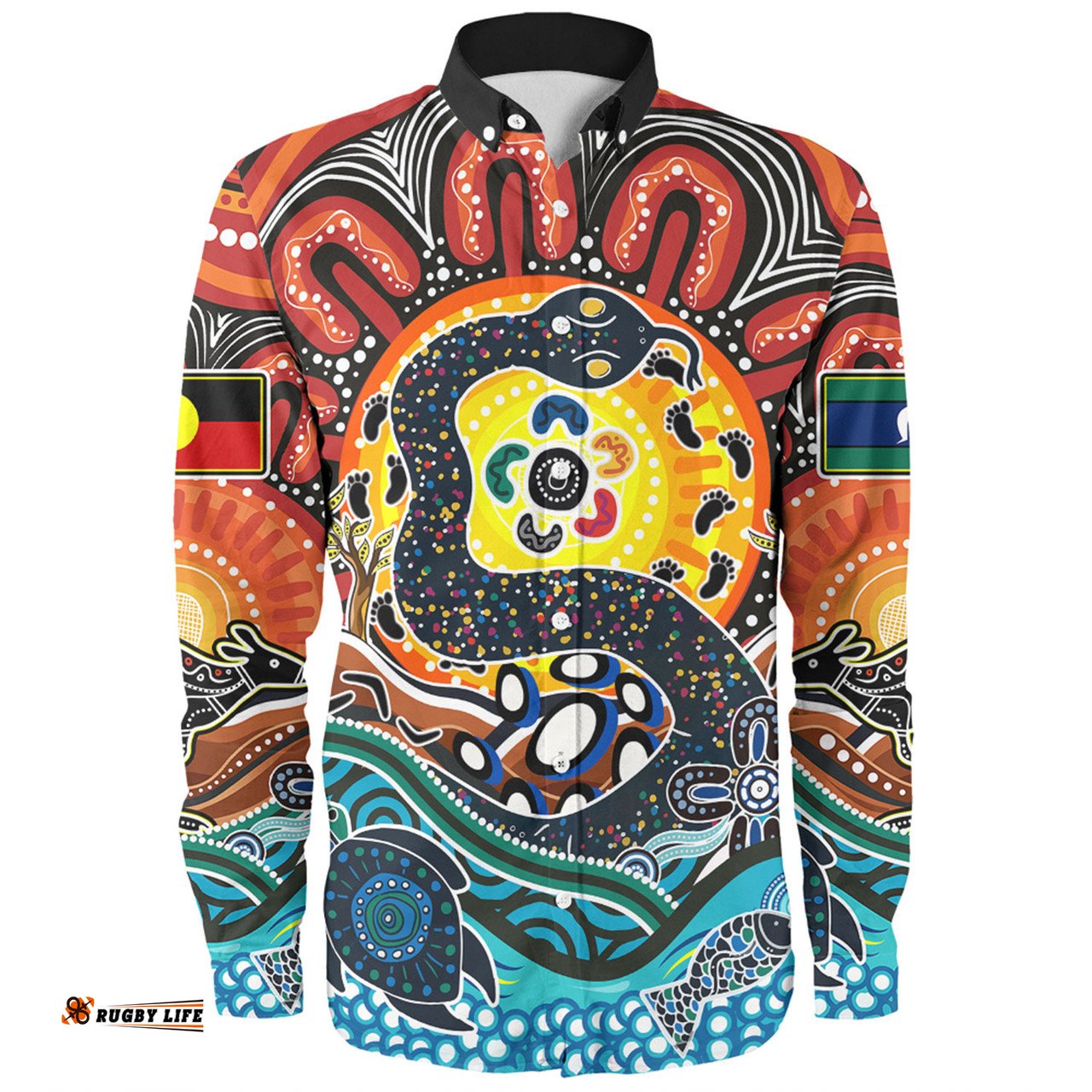 Australia Rainbow Serpent Aboriginal Long Sleeve Button Shirt - Dreamtime Rainbow Serpent Long Sleeve Button Shirt