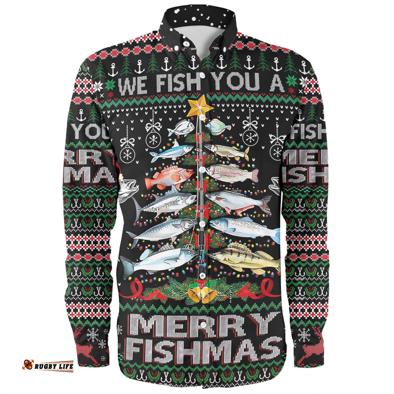 Australia Christmas Fishing Long Sleeve Button Shirt - Merrry Fishmas Fishing Rod Christmas Tree Long Sleeve Button Shirt