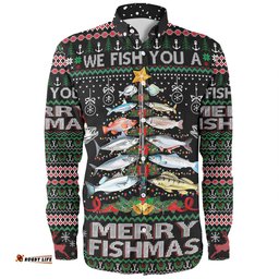 Australia Christmas Fishing Long Sleeve Button Shirt - Merrry Fishmas Fishing Rod Christmas Tree Long Sleeve Button Shirt
