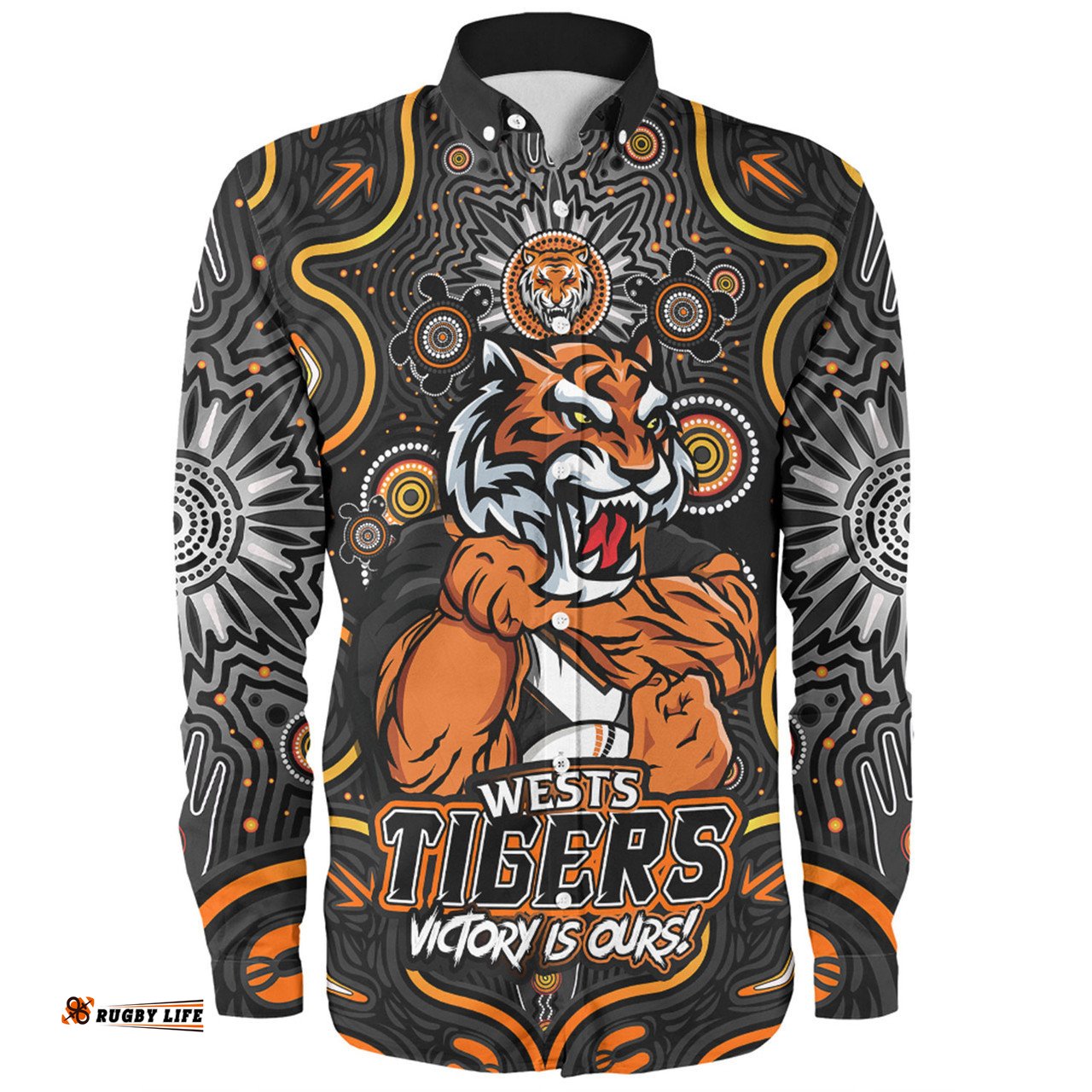 Wests Tigers Long Sleeve Button Shirt Aboriginal Pattern Inspired Victory Is Ours