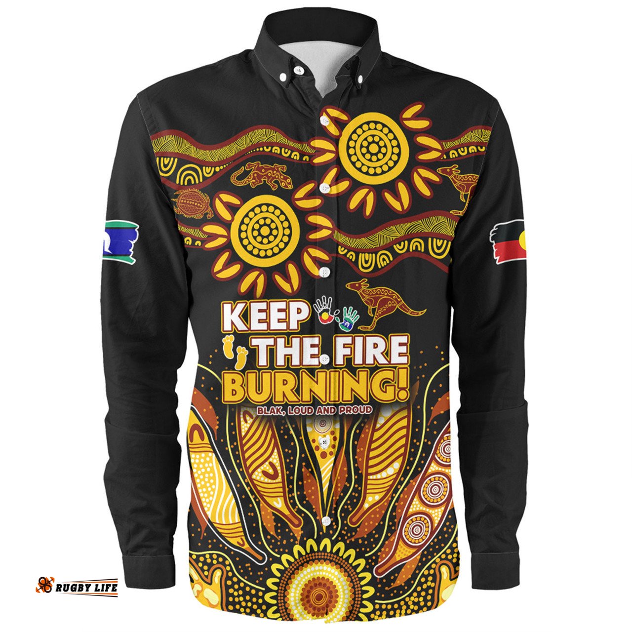 Australia Long Sleeve Button Shirt Naidoc Week 2024 Indigenous Keep The Fire Burning Aboriginal Gum Leaf Painting Yellow