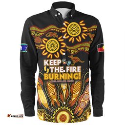 Australia Long Sleeve Button Shirt Naidoc Week 2024 Indigenous Keep The Fire Burning Aboriginal Gum Leaf Painting Yellow