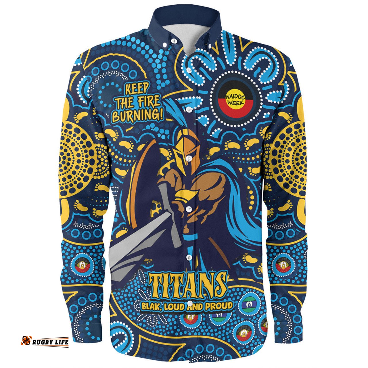 Gold Coast Titans Long Sleeve Button Shirt Custom Naidoc Week 2024 Aboriginal Pattern And Torres Strait Islander Inspired