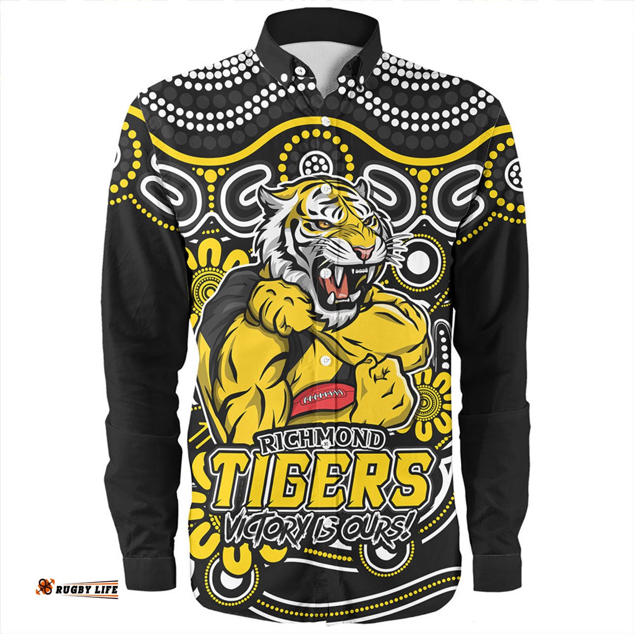 Richmond Long Sleeve Button Shirt Aboriginal Inspired Tough Fan Football For Life