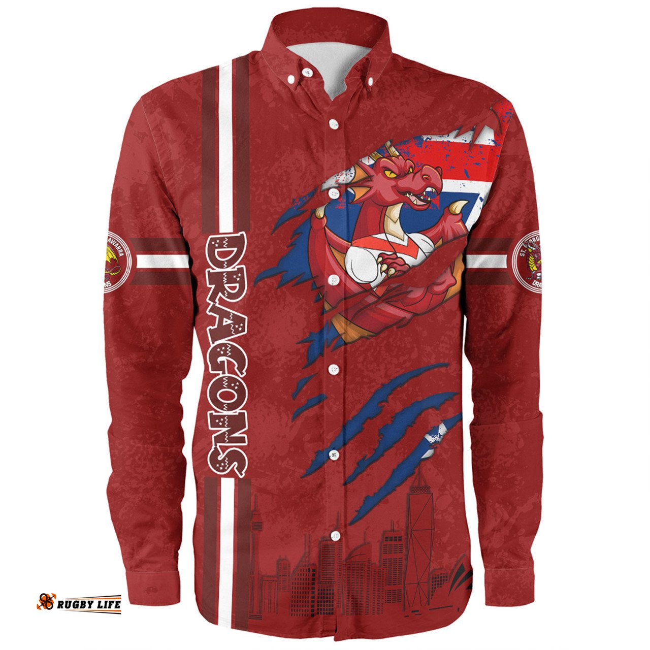 St. George Illawarra Dragons Long Sleeve Button Shirt - Happy Australia Day Flag Scratch Style